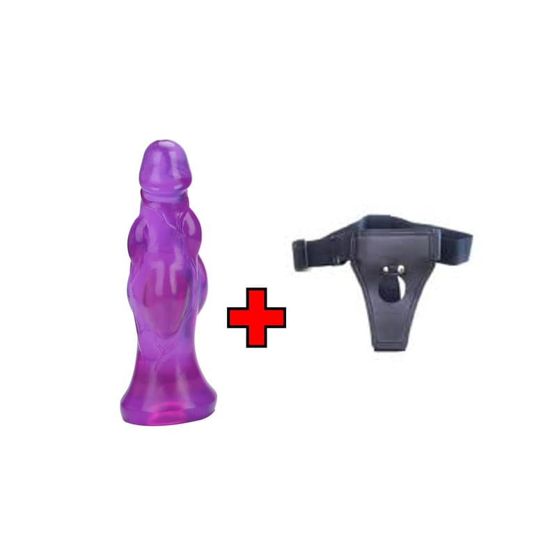 17.5 Cm. Boğumlu Extra Zevk Ultra Gerçekçi Doku Vantuzlu – Belden Bağlamalı Kemerli – Mor Jel Dildo