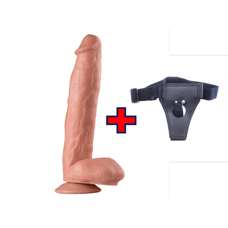 XXLarge – 30 Cm. – Ultra Realistik Büyük Kalın Vantuzlu Damarlı Testisli – Belden Bağlamalı Kemerli Vibratör (Ten Rengi)